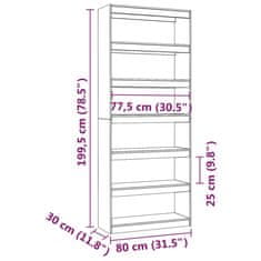 Vidaxl Knjižna omara/pregrada bela 80x30x199,5 cm trdna borovina
