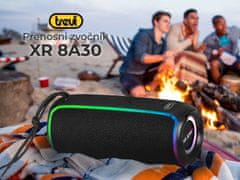 Trevi XR Jump 8A30 zvočnik, 20W RMS, Bluetooth, RGB LED osvetlitev, IPX6 vodoodpornost, funkcija TWS, polnilna baterija, microSD, USB, AUX, mikrofon, USB-C, črn