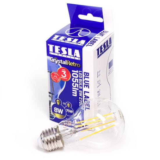 Tesla Lighting LED žarnica FILAMENT RETRO BULB, E27, 8W, 230V, 1055lm,15 000h, 2700K topla bela, 360 stopinj, prozorna