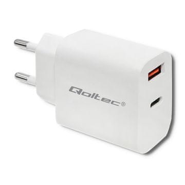 Qoltec stenski polnilnik 18 W | 5–12 V | 1,5–3 A | USB tip C PD | USB QC 3.0 | bel