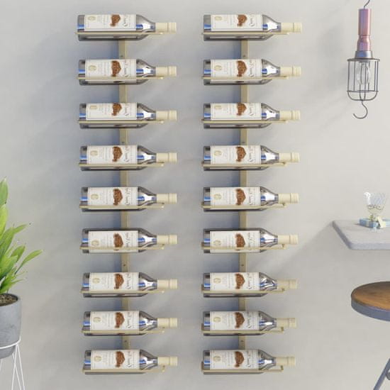 Vidaxl Stenski nosilci za 9 steklenic vina, 2 kosa, zlati, železo