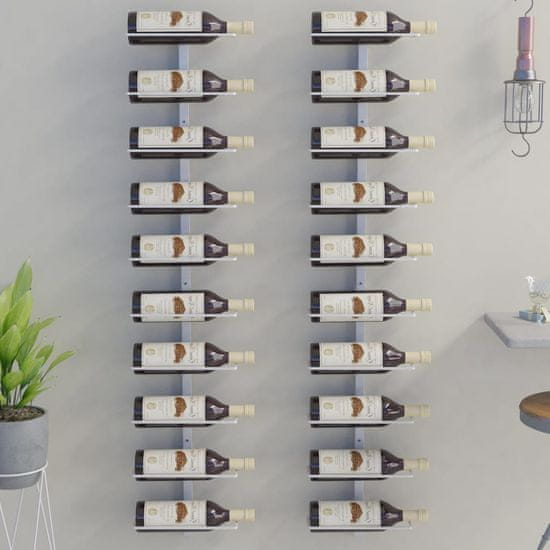 Vidaxl Stensko stojalo za vino za 10 steklenic 2 kosa belo kovinsko