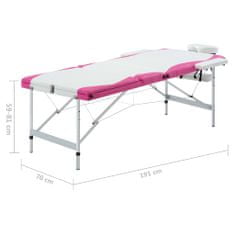 shumee 3-conska zložljiva masažna miza aluminij bele in roza barve