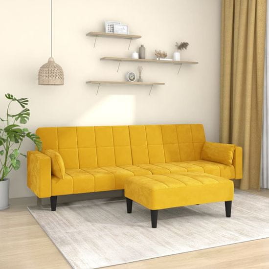 Greatstore 2-sedežni kavč z 2 blazinama in podnožnikom, rumena barva, žamet