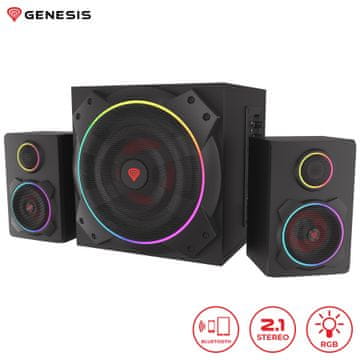 Genesis Helium 800 računalniški zvočniki, stereo 2.1, 60W RMS, RGB LED osvetlitev, Bluetooth 5.0, kontrolna plošča, daljinski upravljalnik, črni