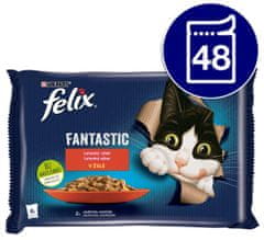 Felix hrana za mačke Fantastic žepki z govedino in piščancem v želeju, 12 (4 x 85 g)