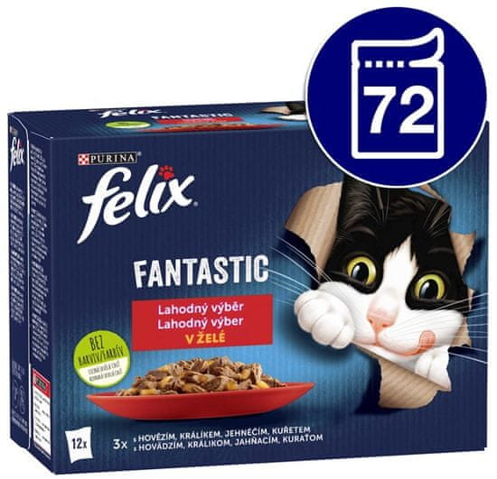 Felix hrana za mačke Fantastic s piščancem, govedino, zajcem in jagnjetino v želeju, 72 x 85 g
