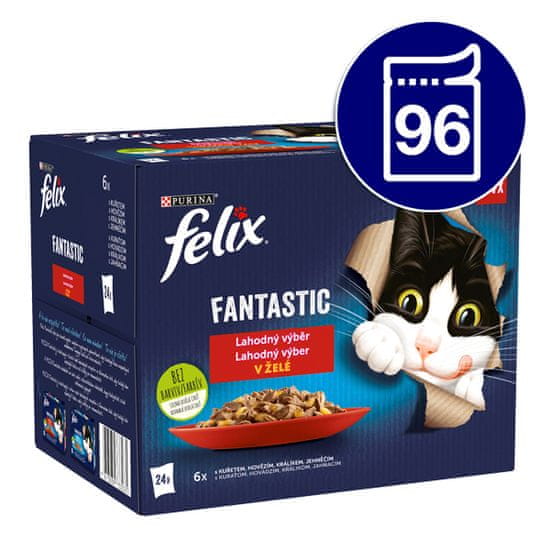 Felix hrana za mačke Fantastic piščanec, govedina, zajec, jagnjetina v želeju, 96 x 85 g