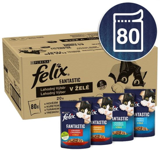 Felix hrana za mačke Fantasticz govedino, piščancem, tuno, trsko v želeju, 80 x 85 g