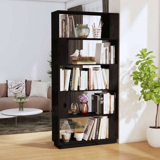 Vidaxl Knjižna omara/pregrada črna 80x25x163,5 cm trdna borovina