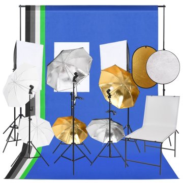 Vidaxl Komplet za foto studio z lučmi, fotografsko mizo in odbojnikom