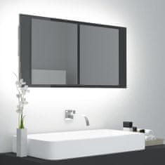 Greatstore LED kopalniška omarica z ogledalom visok sijaj siva 90x12x45 cm