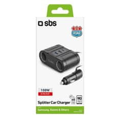 SBS Splitter avtopolnilec, 2x USB-A, USB-C, 100W, črn
