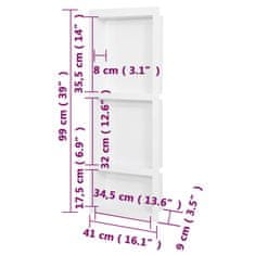 Vidaxl Niša za tuš kabino z 3 predelkoma visok sijaj bela 41x99x9 cm