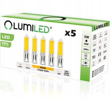 LUMILED 5x LED žarnica G9 CAPSULE 5W = 50W 560lm 3000K Toplo bela 360°