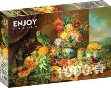ENJOY Puzzle Josef Schuster: Tihožitje z rožami, sadjem in papigo 1000 kosov