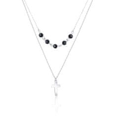 JVD Dvojna srebrna ogrlica z oniksom in križem SVLN0202XH2ON42 (verižica, obesek)