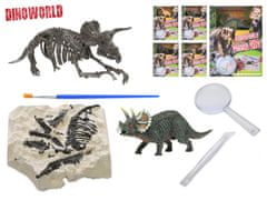 Mikro Trading Dinoworld dinozaver 12 cm in fosil v mavcu z dletom, povečevalnim steklom in čopičem