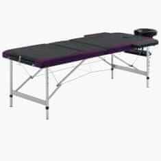 Greatstore 3-conska zložljiva masažna miza aluminij črna in vijolična