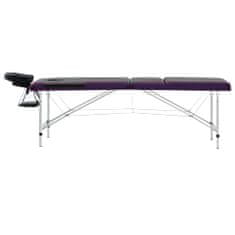 Greatstore 3-conska zložljiva masažna miza aluminij črna in vijolična