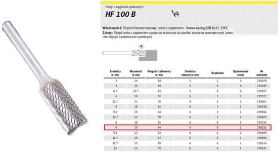 KLINGSPOR Kovinski mlin HF 100 B FI=8.0x19mm ŠIRINA 6mm TIP ZYAS, TEKOČI