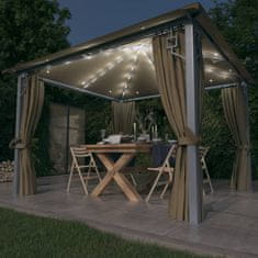 Vidaxl Paviljon z zaveso in lučkami 300x300 cm taupe aluminij