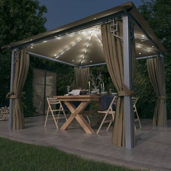 Vidaxl Paviljon z zaveso in lučkami 300x300 cm taupe aluminij