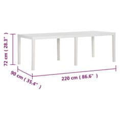 Vidaxl Vrtna miza 220x90x72 cm PP bela