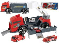 Ikonka Transporter tovornjak TIR 2v1 parkirna garaža gasilska brigada + 3 avtomobili rdeča