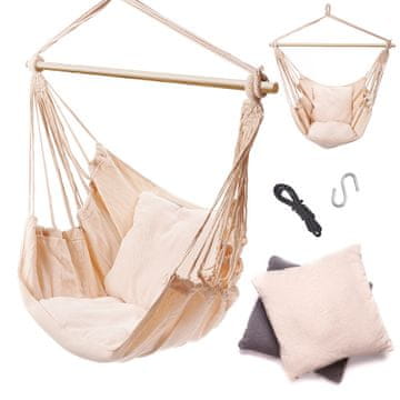 Ikonka Brazilski viseča mreža stol z blazinami ecru leseni naglavni trak