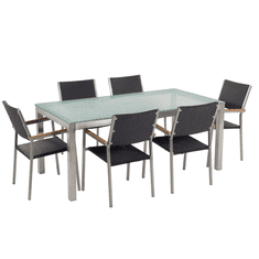 Beliani Garnitura vrtnega pohištva miza z belo stekleno ploščo 180 x 90 cm 6 črnih stolov iz ratana GROSSETO
