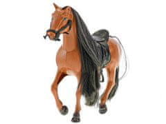 Mikro Trading Konj 18 cm, 3 kosi s sedlom in dodatki v papirnatem hlevu
