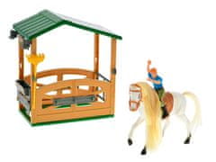 Mikro Trading Konj 14 cm z jahačem in hlevom 15,5x18,5x8,5 cm ter dodatki v škatli