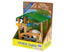 Mikro Trading Konj 14 cm z jahačem in hlevom 15,5x18,5x8,5 cm ter dodatki v škatli
