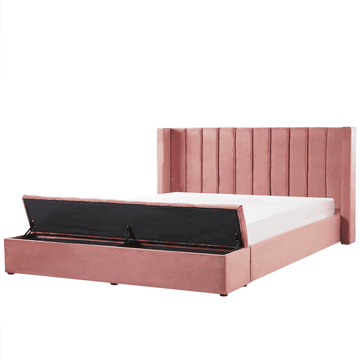 Beliani Oblazinjena žametna postelja roza barve s shrambo 180 x 200 cm NOYERS