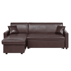 Beliani Desni kotni raztegljivi kavč v umetnem usnju s prostorom za shranjevanje temno rjave barve OGNA