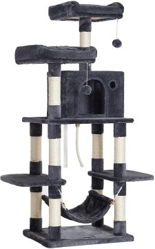 FEANDREA Mačje drevo s hišico in visečo mrežo 150 cm temno sivo PCT85G