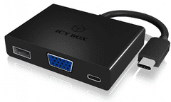 IcyBox IB-DK4032-CPD adapter iz USB-C na VGA, USB-C in USB-A, črn
