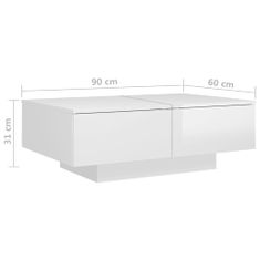shumee Klubska mizica visok sijaj bela 90x60x31 cm iverna plošča