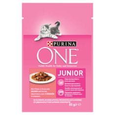 Purina ONE Junior mini vrečke za mačke, mini fileji z lososom in korenjem v soku 85 g