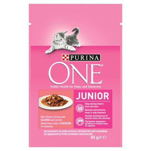 Purina ONE Junior mini vrečke za mačke, mini fileji z lososom in korenjem v soku 85 g
