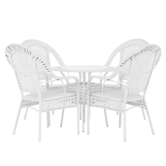eoshop Vrtna garnitura KOVEN (miza + 4 stoli), bel umetni ratan, kaljeno steklo 80 cm