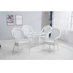 eoshop Vrtna garnitura KOVEN (miza + 4 stoli), bel umetni ratan, kaljeno steklo 80 cm