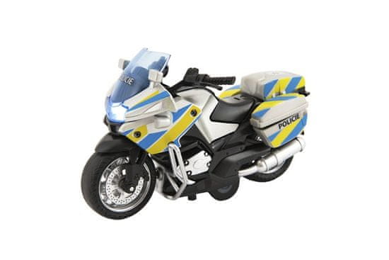 Teddies Policijsko motorno kolo 12cm kovina/plastik češki govor na hrbtni strani nat. na bateriji. z lučjo/zvokom v škatli 15x11