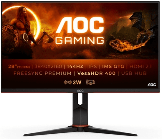 AOC U28G2XU2 monitor, gaming, LED, 71,12 cm, UHD, IPS, 144Hz, HDMI, črn (U28G2XU2/BK)