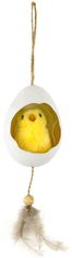 Autronic Plastično jajce dekorativni, za obešanje belo, s piščancem znotraj in okrasje perja na vrvici AC809119