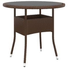 Vidaxl Vrtna miza Ø80x75 cm kaljeno steklo in poli ratan rjava