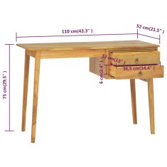 shumee Pisalna miza z 2 predaloma 110x52x75 cm trdna tikovina