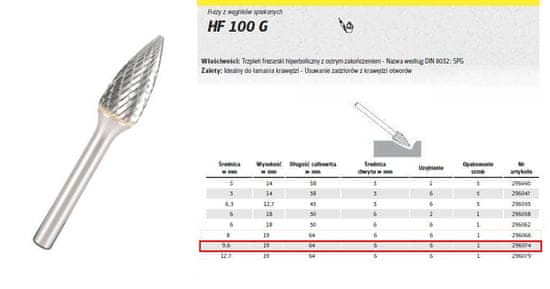 KLINGSPOR Rezalnik za kovine Hf 100 G Fi=9.6X19Mm Delo 6Mm Tip Spg, hiperbolični rezalnik