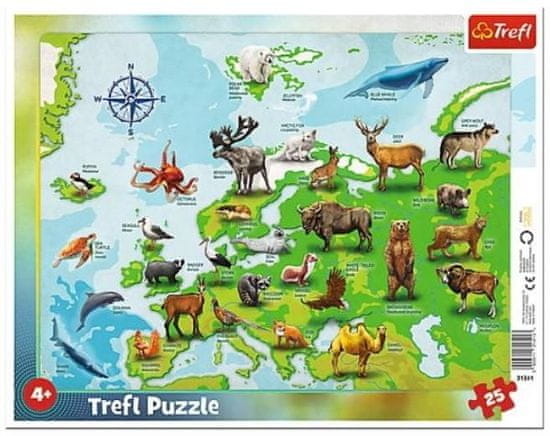 Trefl Puzzle Zemljevid Evrope z živalmi / 25 kosov